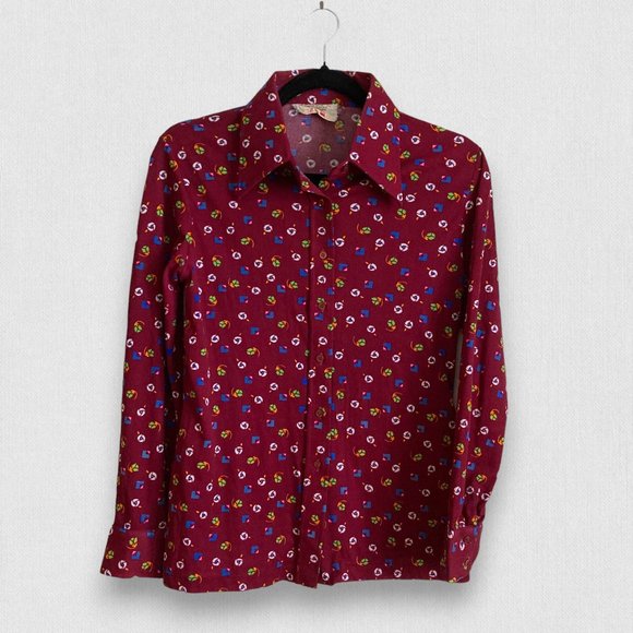 Vintage Floral Print Burgundy Retro 60's Button down Long sleeve Shirt - Picture 5 of 8